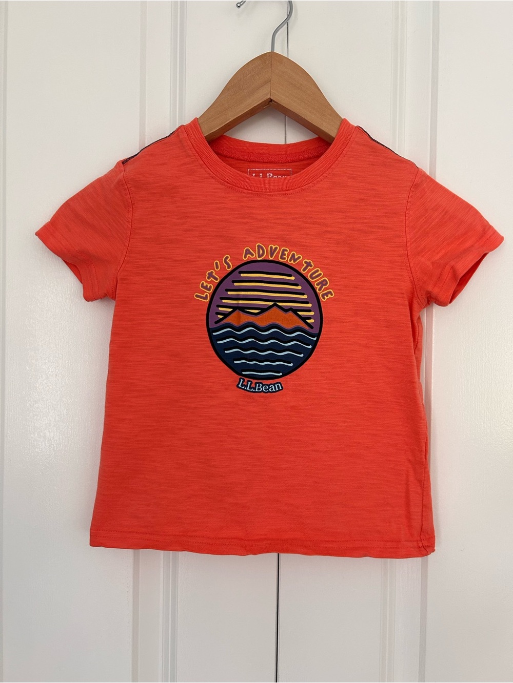 L.L.Bean kids cotton tshirt size 4 orange “let’s adventure” mountain logo summer
